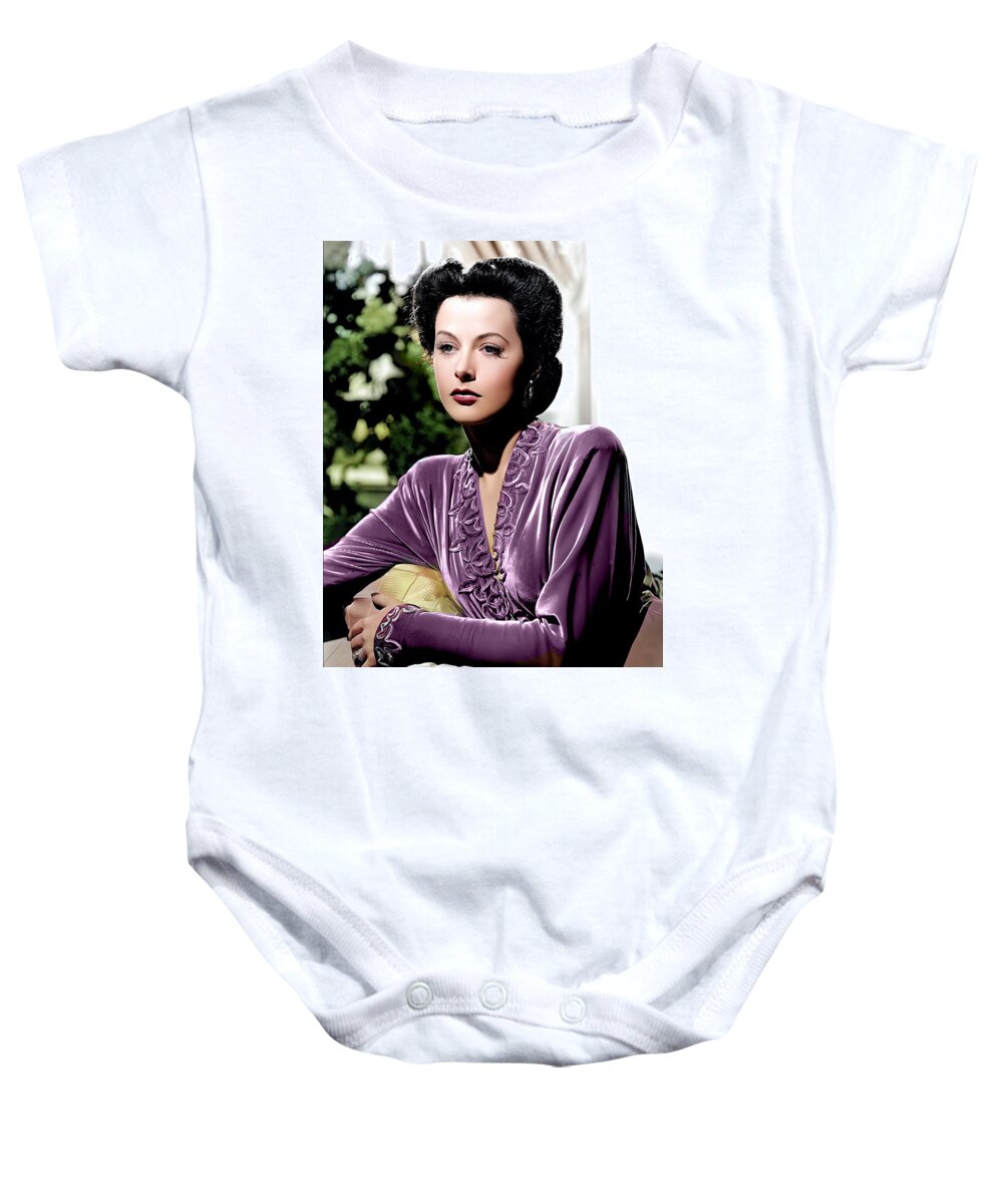 Hedy Lamarr Baby Onesie featuring the digital art Hedy Lamarr Portrait by Chuck Staley
