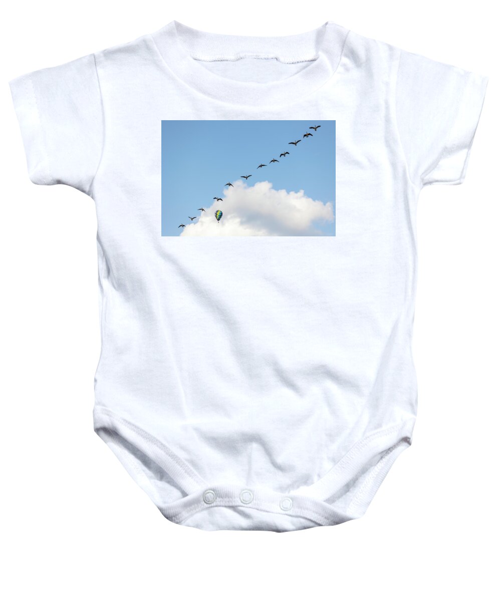 Hot Air Balloon Baby Onesie featuring the photograph Hot Air Balloon and Geese by Deborah Penland