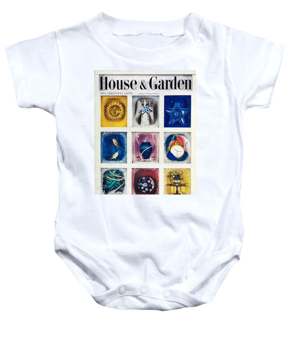 Holiday Baby Onesie featuring the photograph House and Garden Cover Featuring Christmas Diorama by Joseph Cornell