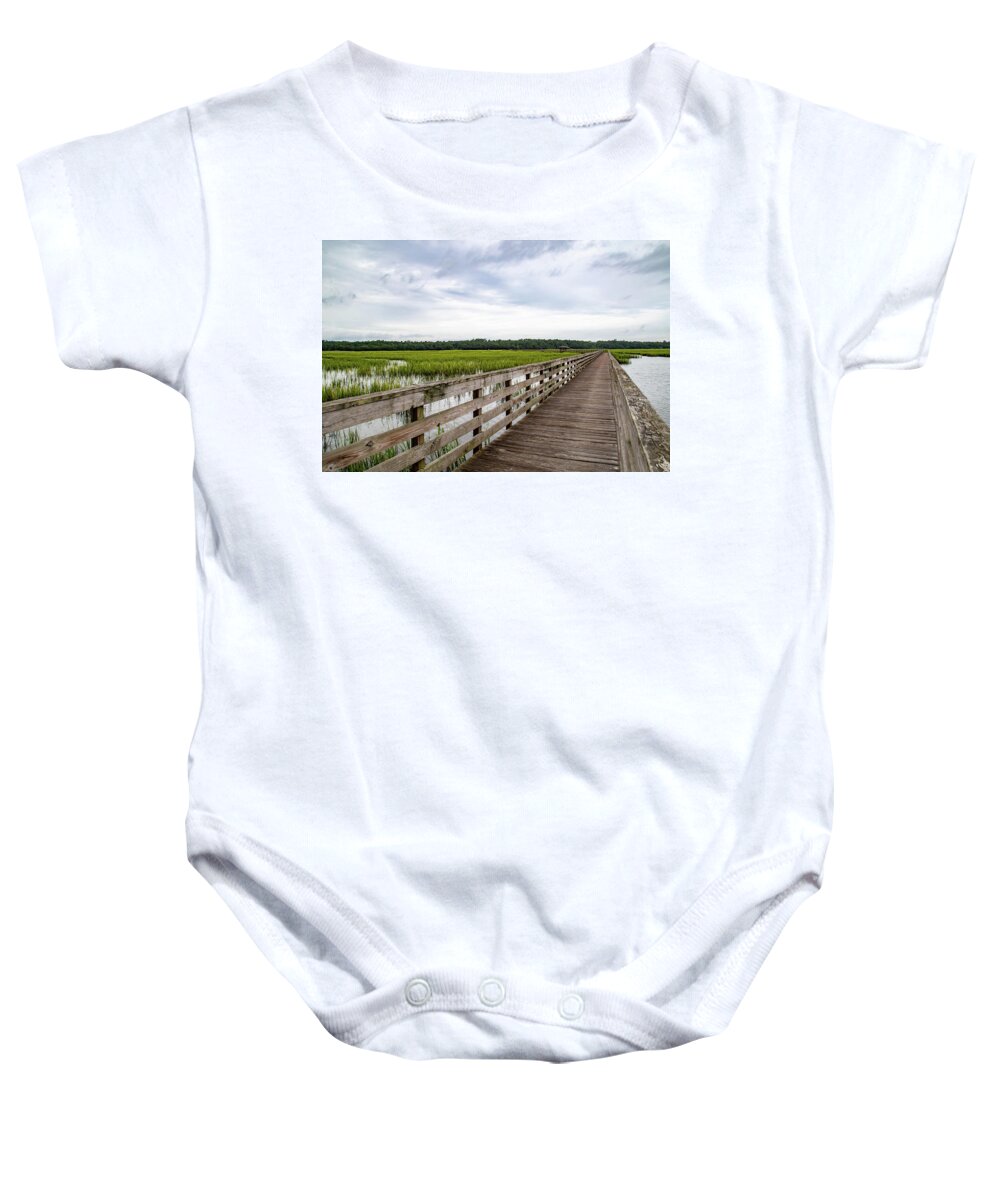 Huntington Beach State Park Baby Onesie featuring the photograph Long, Inviting Boardwalk by Cindy Robinson