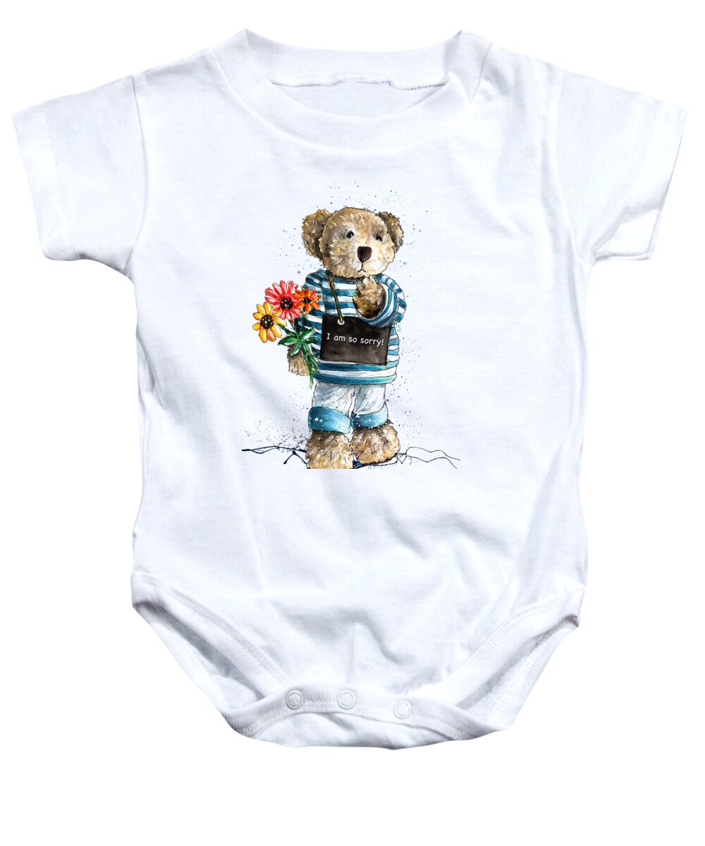 Bear Baby Onesie featuring the painting I Am So Sorry by Miki De Goodaboom