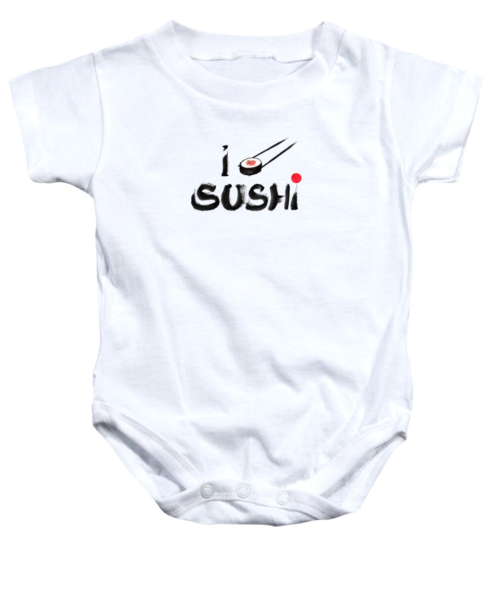 Sushi Baby Onesie featuring the painting I eat Sushi humorous design handwritten with black brush on white with red sun Japanese sumi-e illus by Awen Fine Art Prints