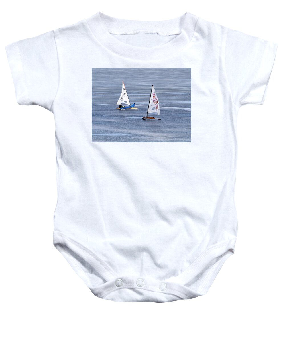 Madison Baby Onesie featuring the photograph Iceboats on Lake Monona, Madison, WI by Steven Ralser