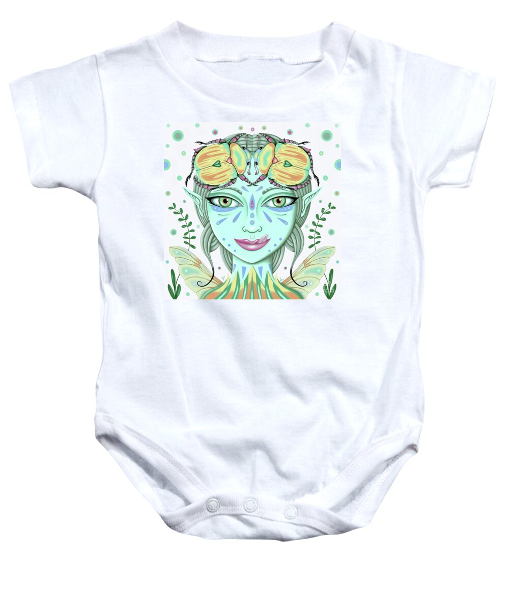 Fantasy Baby Onesie featuring the digital art Insect Girl, Scarabella - Sq.White by Valerie White