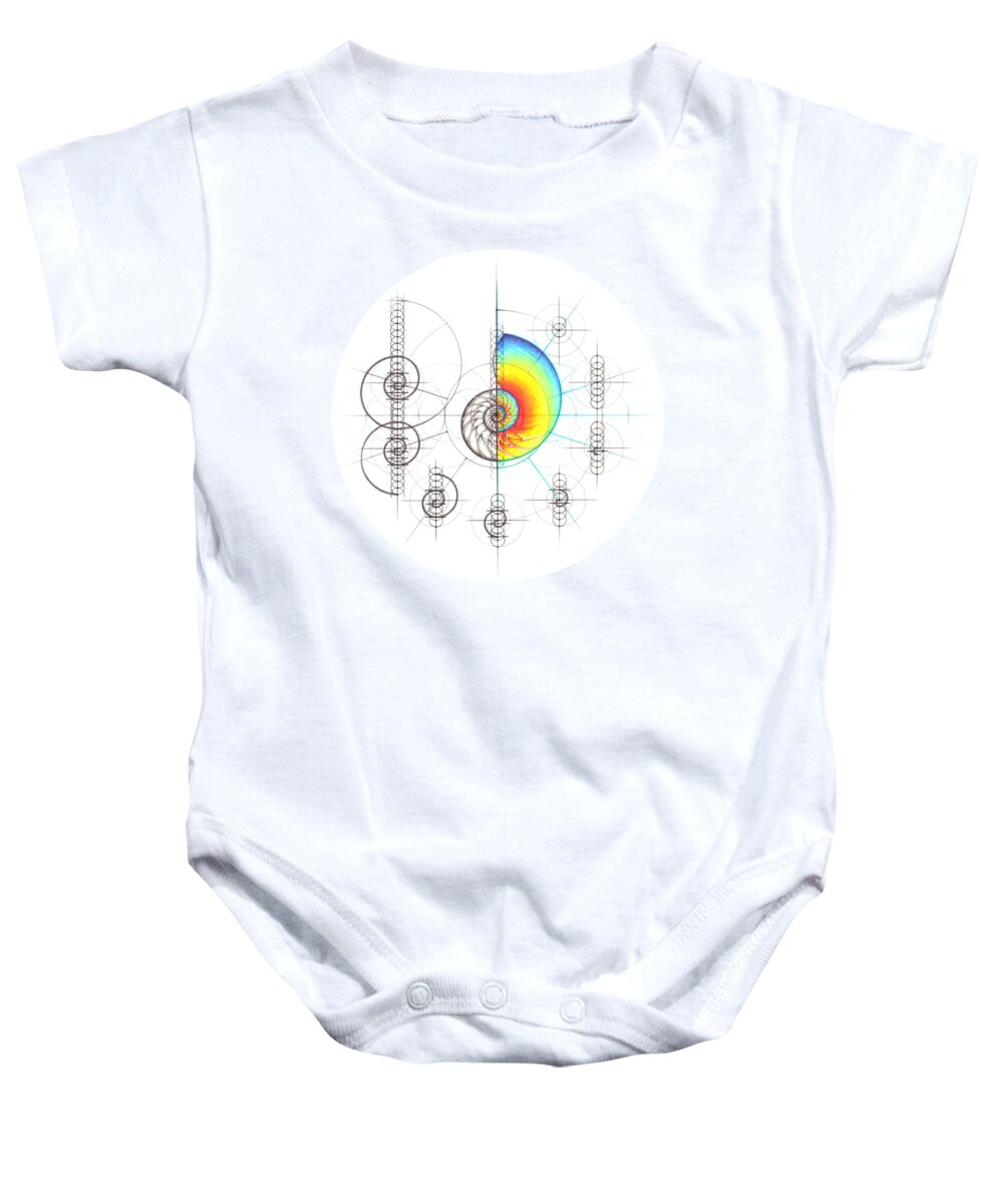 Nautilus Shell Baby Onesie featuring the drawing Intuitive Geometry Nautilus Shell with steps by Nathalie Strassburg