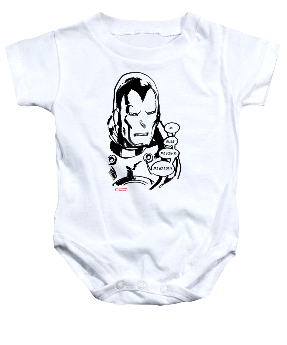 Ironman Baby Onesie featuring the drawing Ironman Je Suis Mi Figue Mi Raison by Pechane Sumie