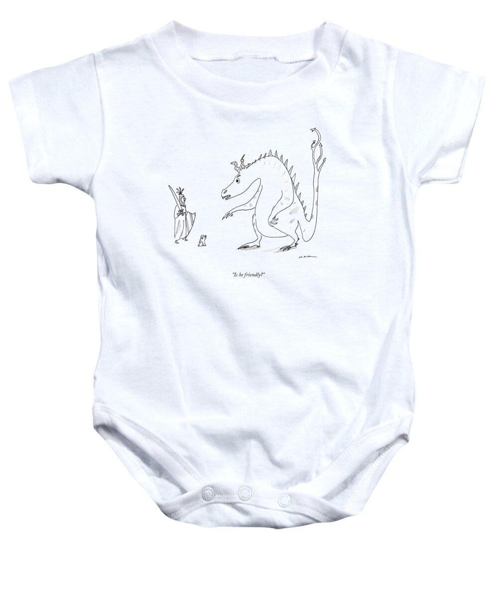 Is He Friendly? Baby Onesie featuring the drawing Is He Friendly? by Michael Maslin