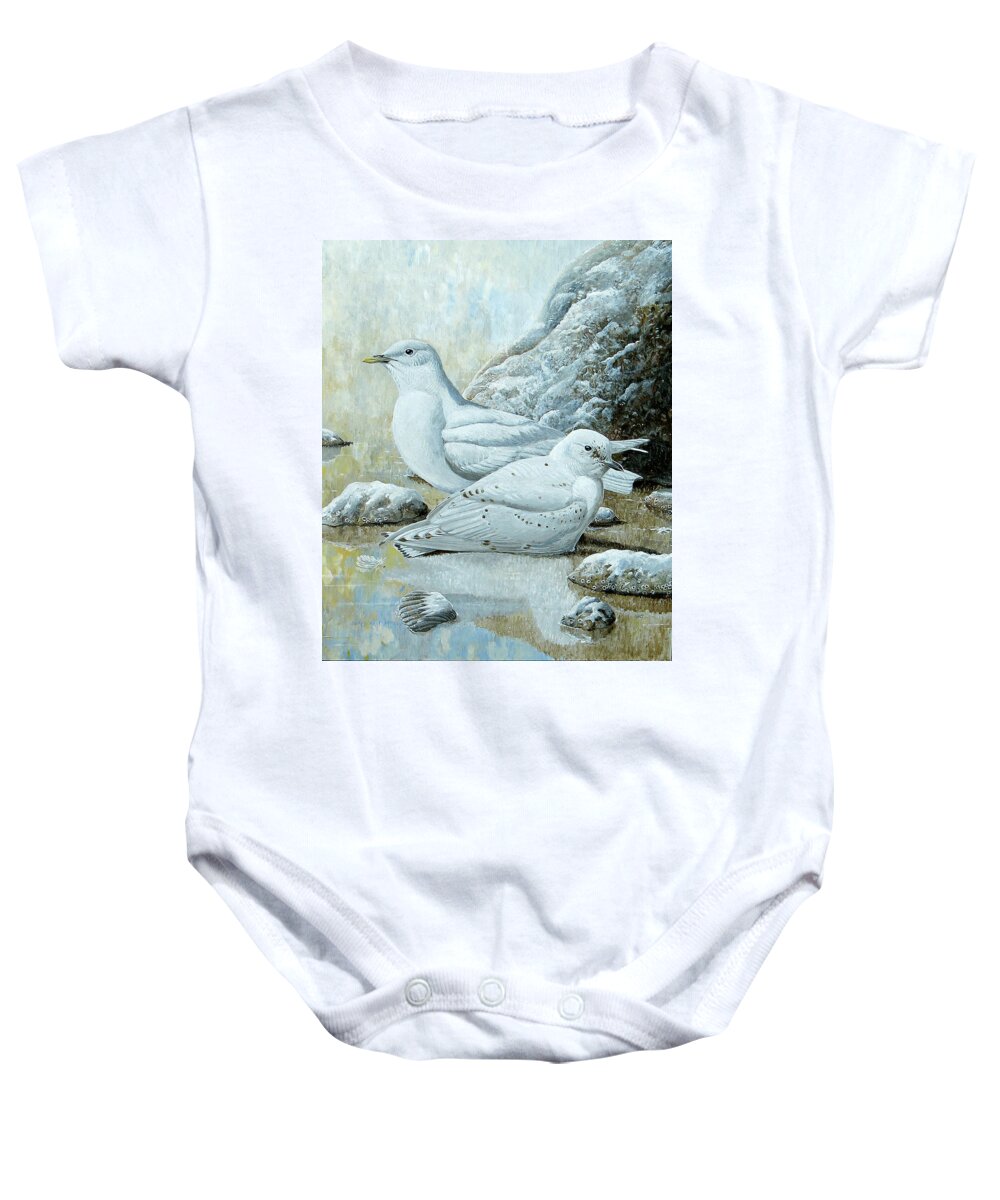 Ivory Gull Baby Onesie featuring the painting Ivory Gulls by Barry Kent MacKay