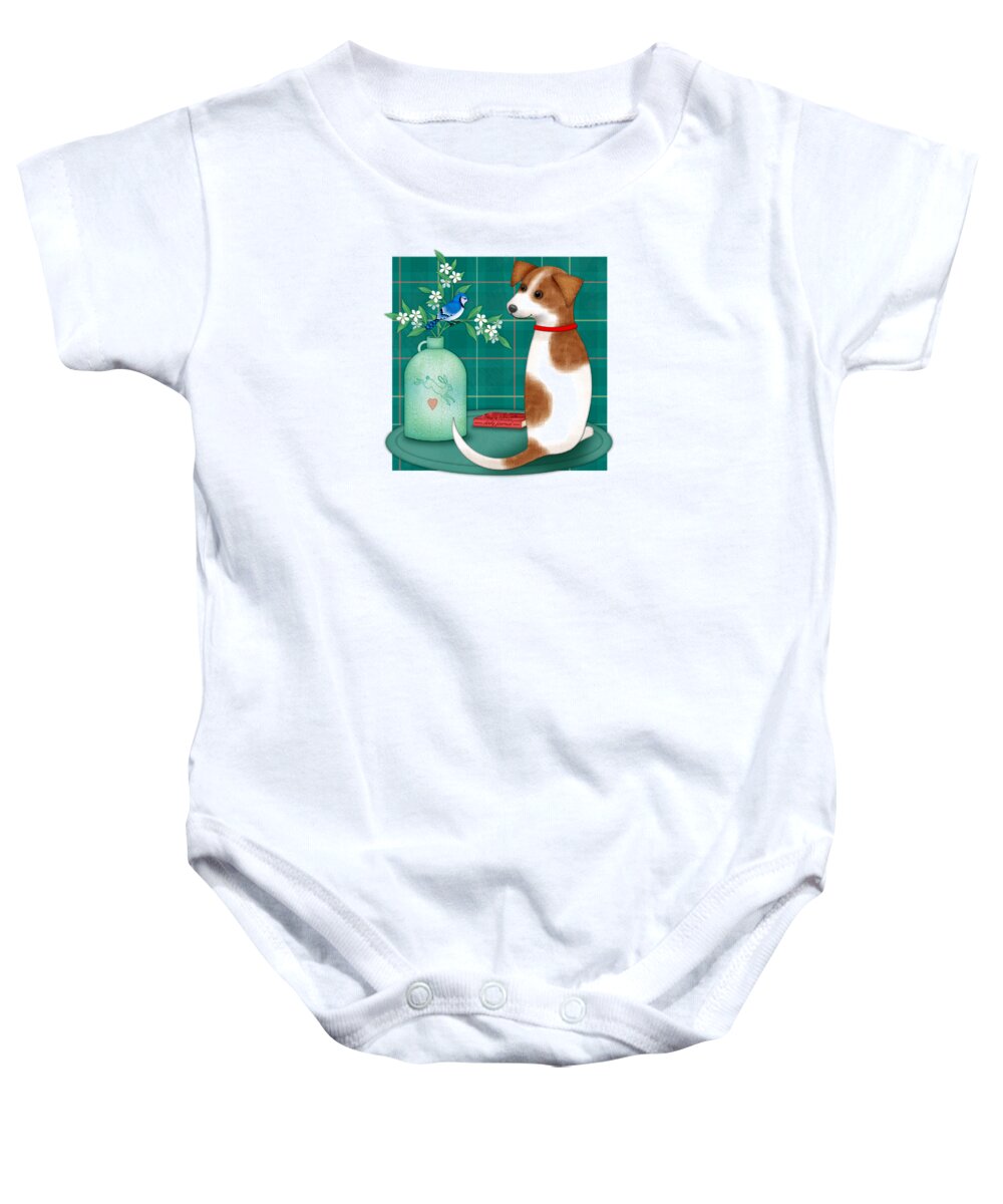 Dog Baby Onesie featuring the digital art J is for Jack Russell Terrier by Valerie Drake Lesiak