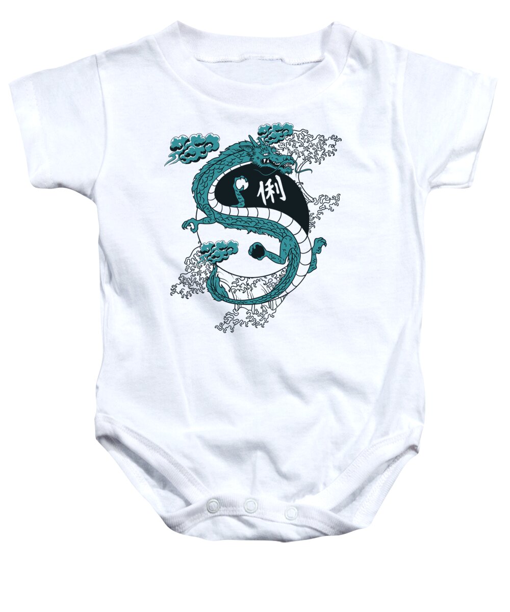 Asian Baby Onesie featuring the digital art Japanese Dragon YinYang Water Waves by Jacob Zelazny