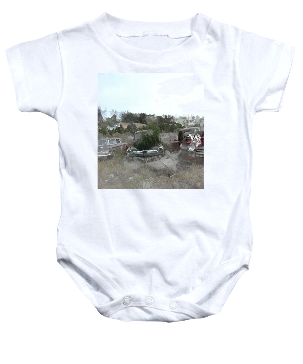 Junkyard Scene Baby Onesie featuring the photograph Junked trucks 1214 by Cathy Anderson