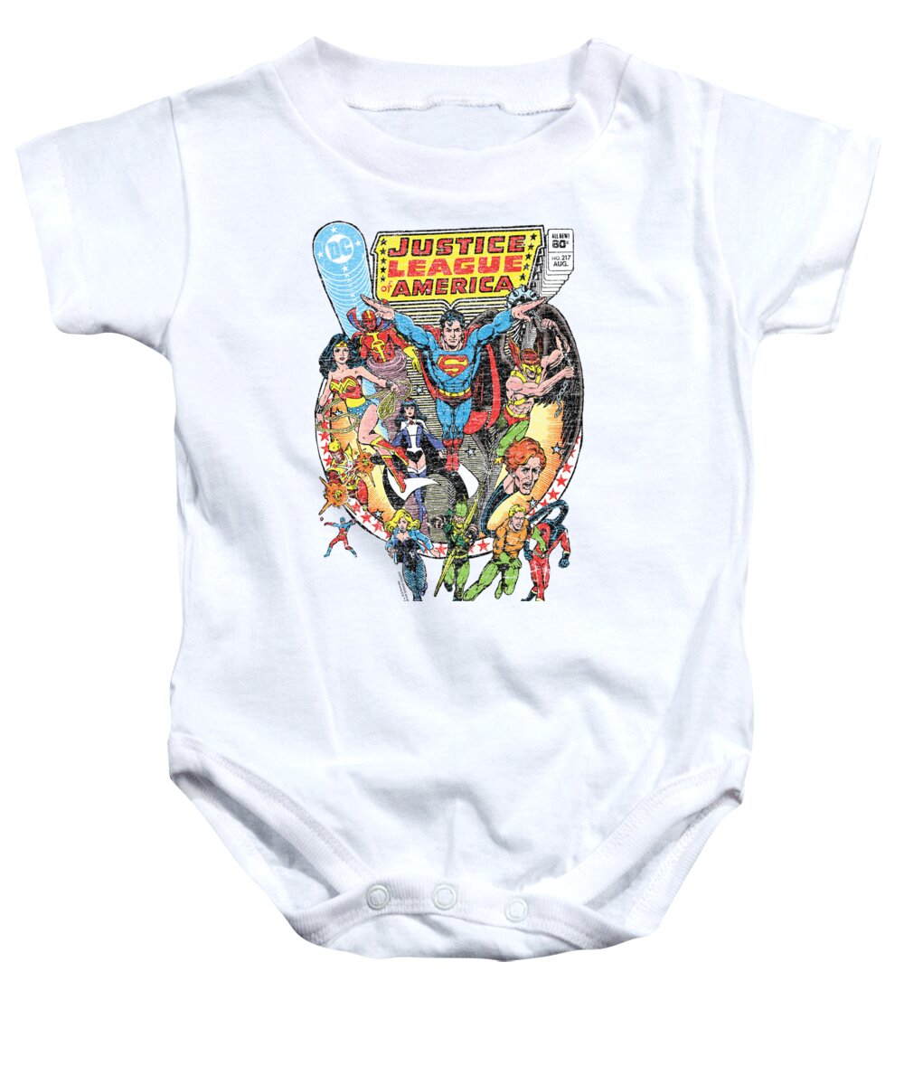 Let Them Fly Baby Onesie featuring the digital art Justice League Comic Book Team Up by Michael Aberg