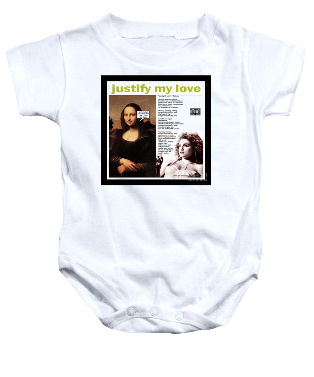 Mona Lisa Baby Onesie featuring the mixed media Mona Lisa and Madonna - Justify My Love - Mixed Media Album Cover Pop Art Collage Print by Steven Shaver
