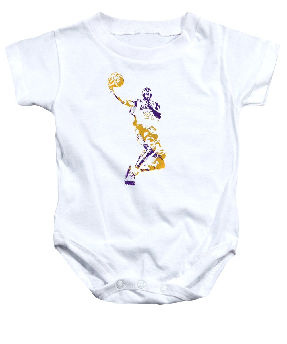 Kobe Bryant Baby Onesie featuring the mixed media Kobe Bryant Los Angeles Lakers Watercolor Brush Pixel Art T Shirt 1 by Joe Hamilton