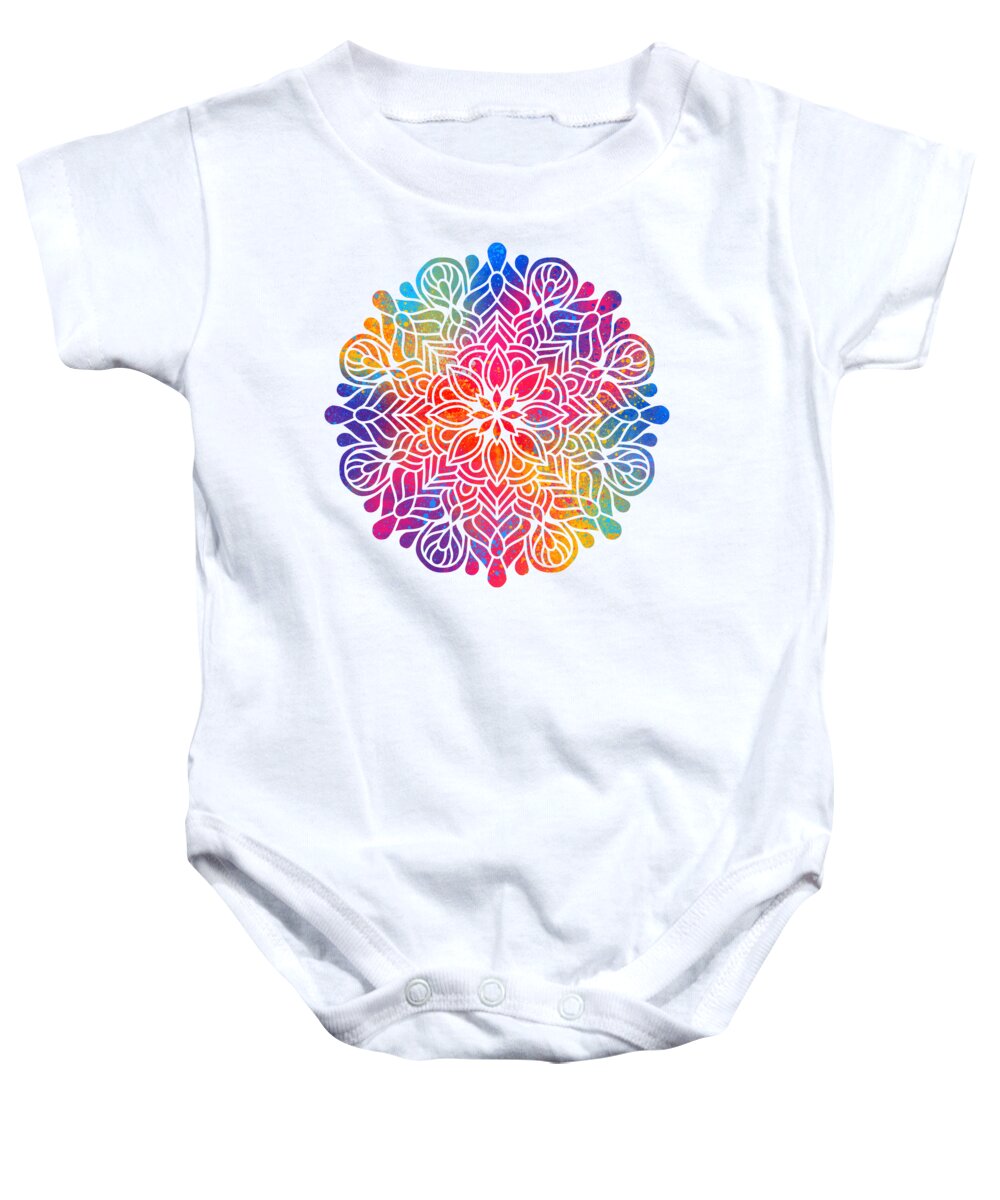 Colorful Baby Onesie featuring the digital art Kurama - Colorful Vibrant Rainbow Mandala Pattern by Sambel Pedes