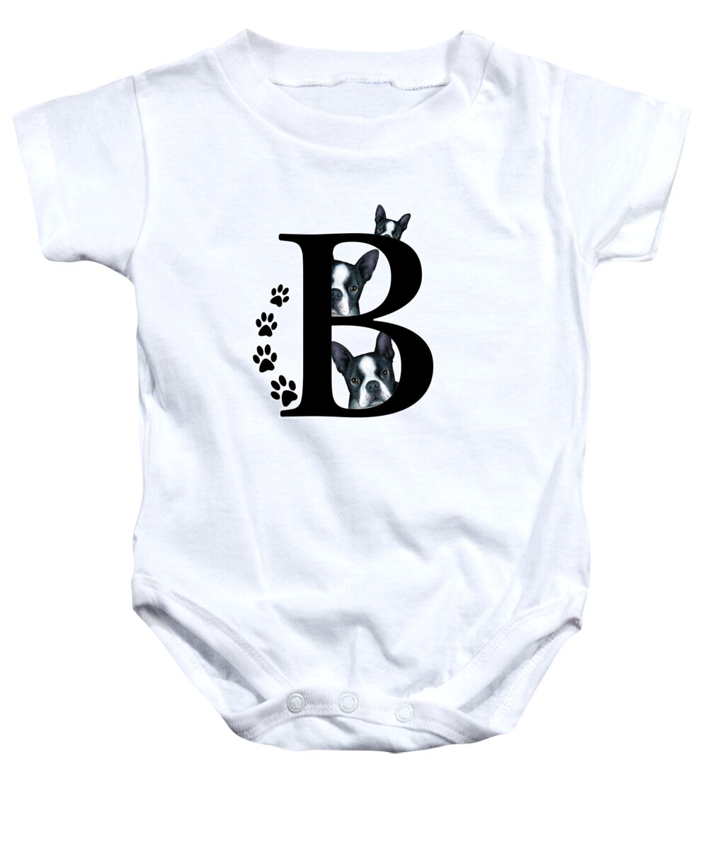 Letter B Baby Onesie featuring the mixed media Letter B Monogram with Boston Terrier Dogs by Lucie Dumas