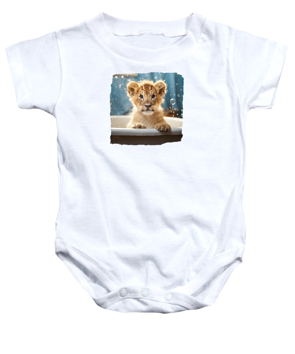 Lion Cub Baby Onesie featuring the digital art Lion Cub in Bathtub 02 by Elisabeth Lucas