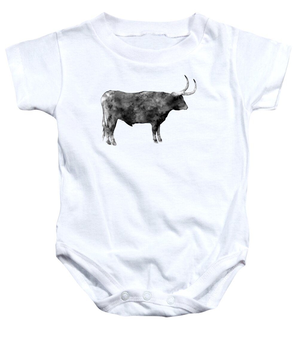 Longhorn Baby Onesie featuring the painting Longhorn in black and white by Hailey E Herrera