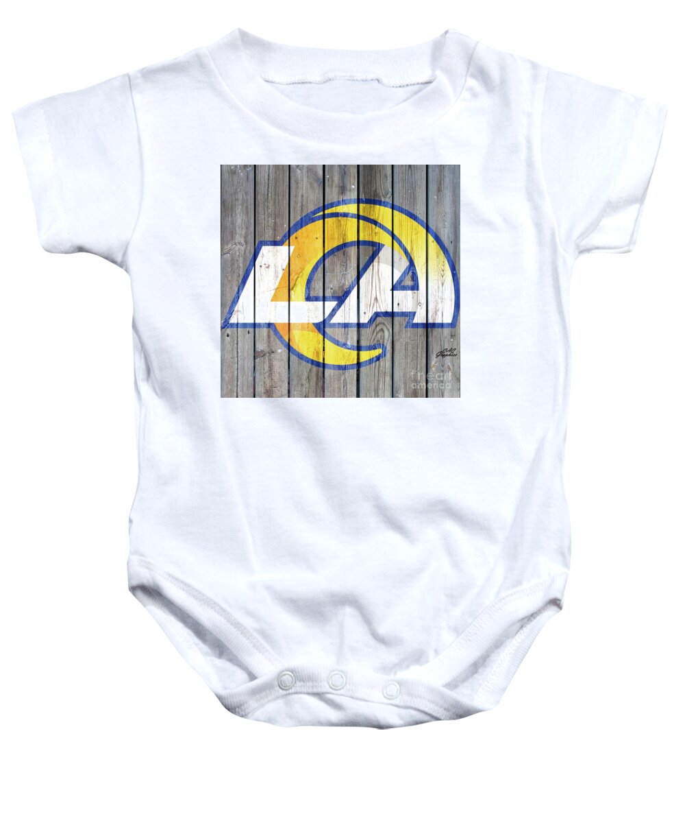 Los Angeles Rams Baby Onesie featuring the digital art Los Angeles Rams Wood Art by CAC Graphics
