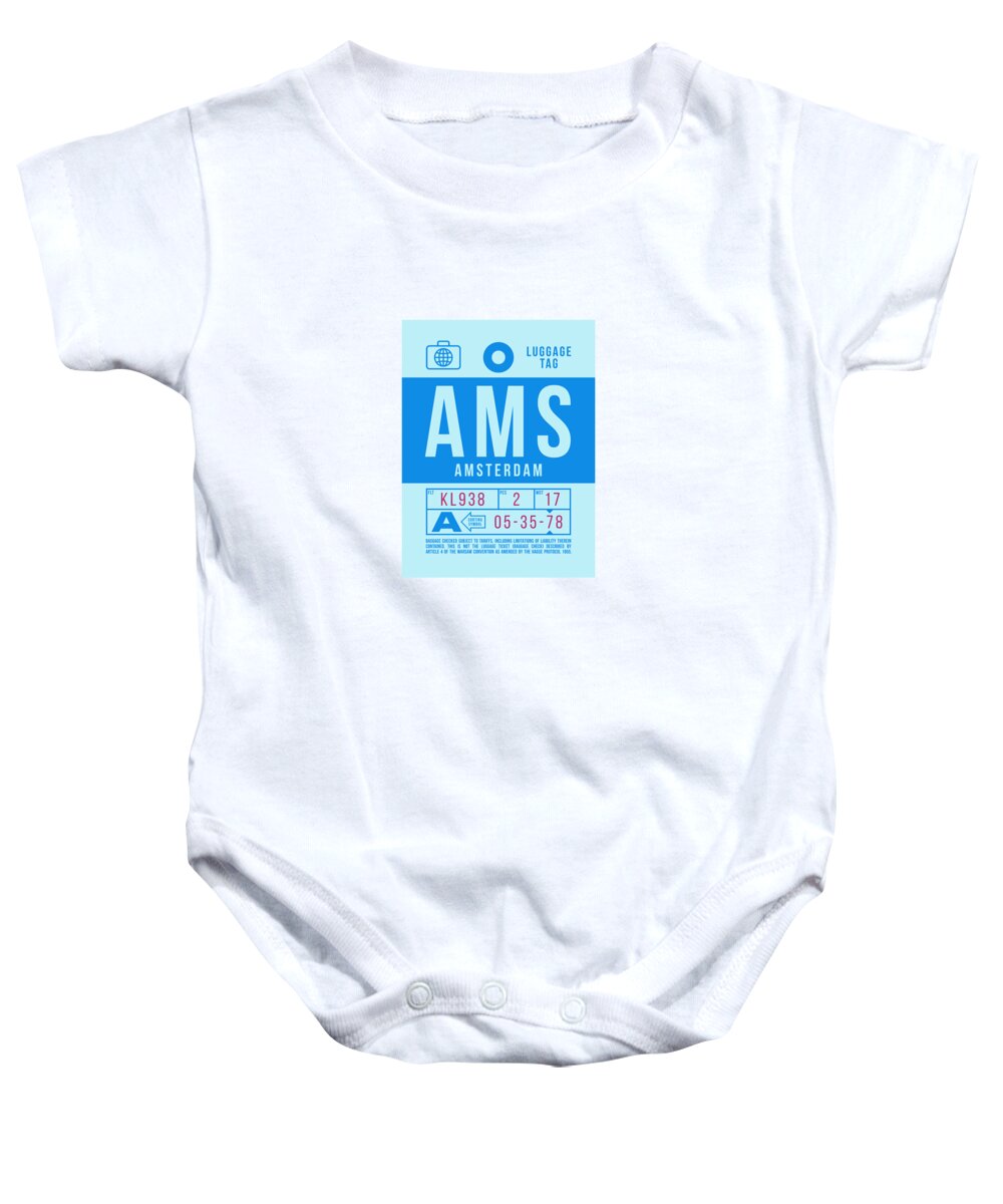 Airline Baby Onesie featuring the digital art Luggage Tag B - AMS Amsterdam Netherlands by Organic Synthesis