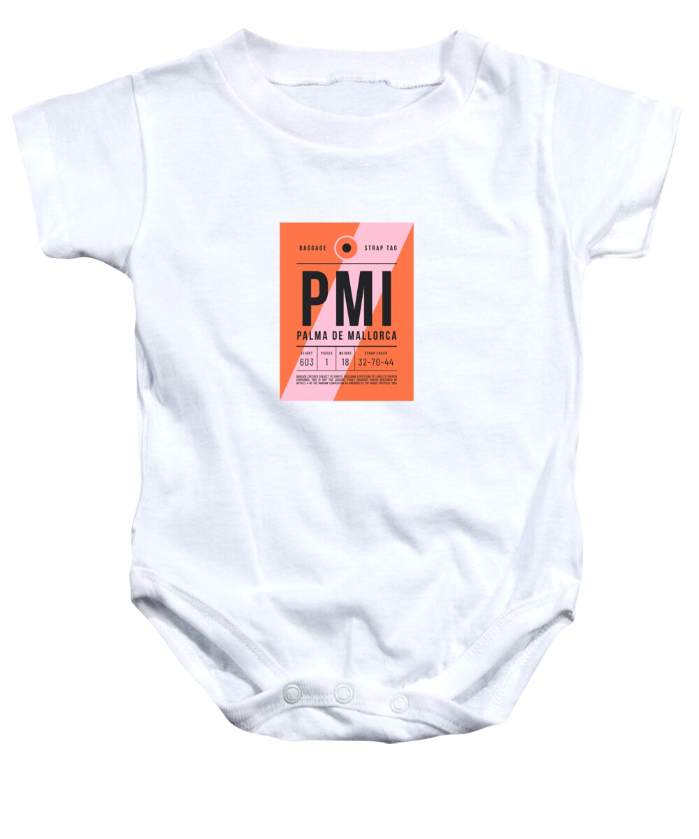 Airline Baby Onesie featuring the digital art Luggage Tag E - PMI Palma de Mallorca Spain by Organic Synthesis