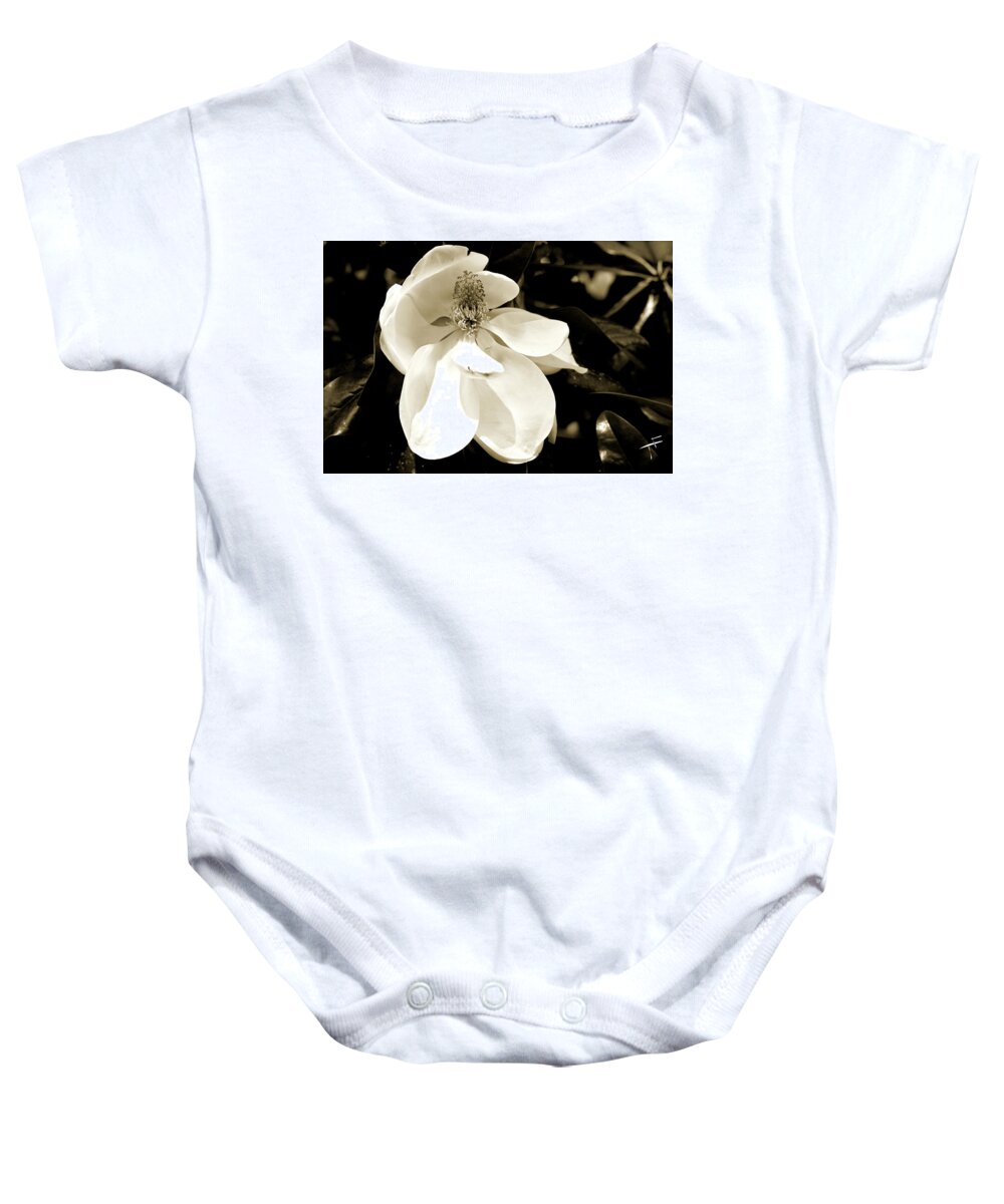 Savannah Baby Onesie featuring the photograph Magnolia Bloom by Theresa Fairchild