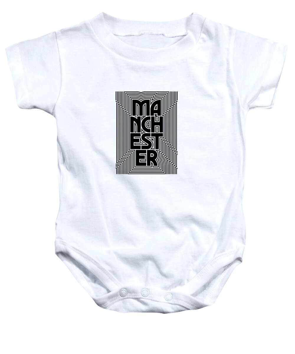 Black Baby Onesie featuring the digital art Manchester City Text Pattern England by Organic Synthesis