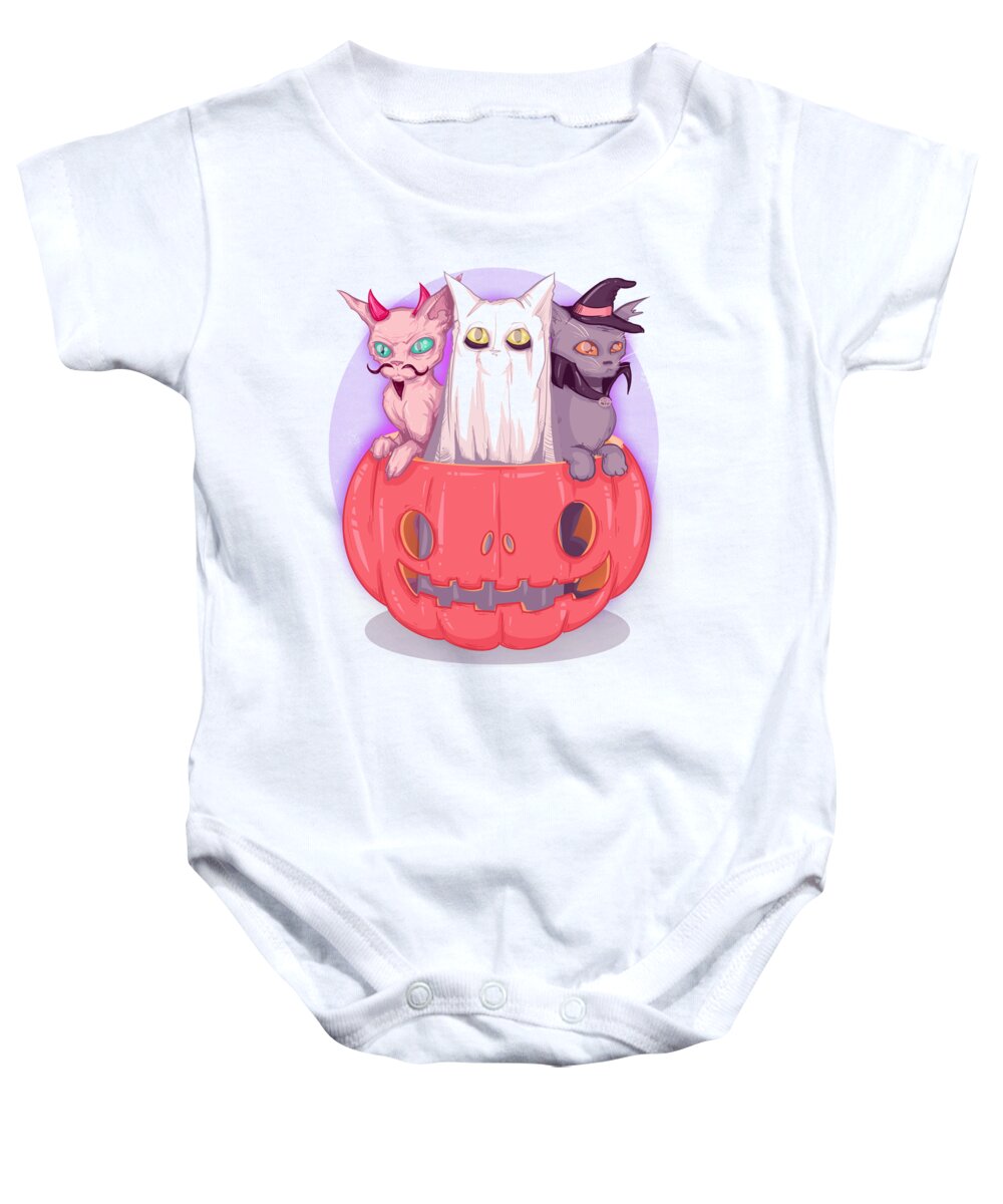 Cat Baby Onesie featuring the drawing Meowloween by Ludwig Van Bacon