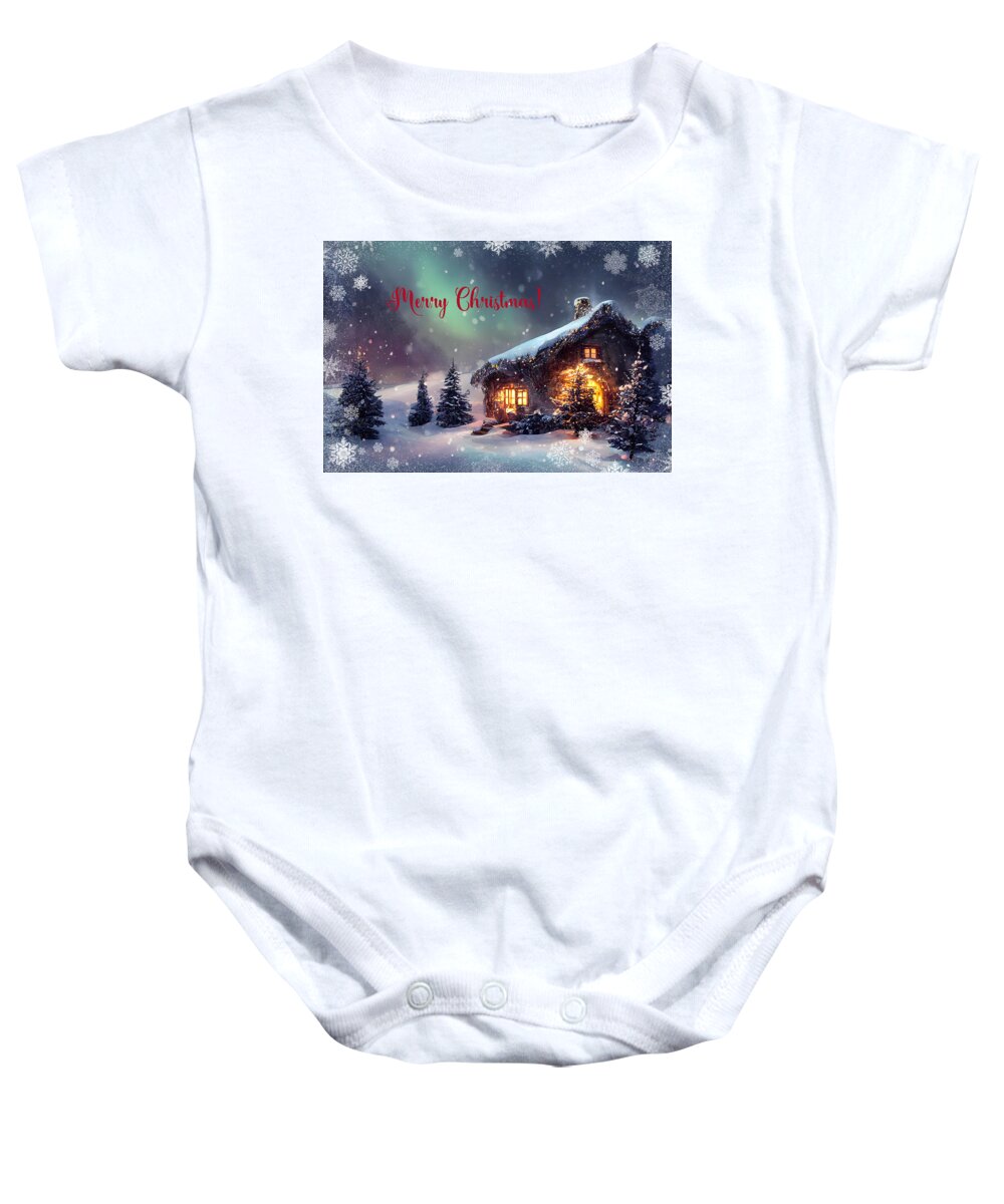 Christmas Baby Onesie featuring the mixed media Merry Christmas Winter Landscape by Johanna Hurmerinta