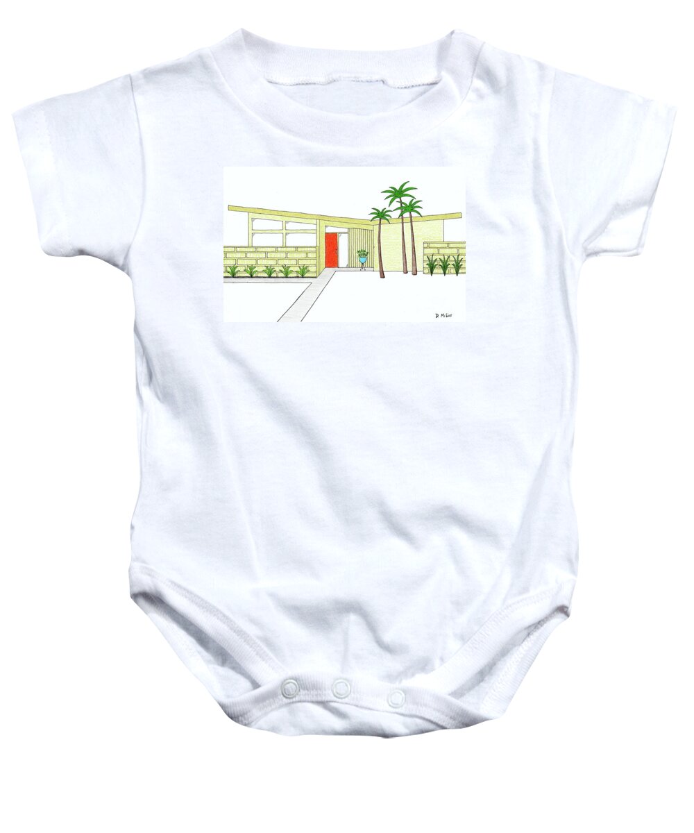 Mid Century Modern House Baby Onesie featuring the drawing Mid Century House with Butterfly Roof by Donna Mibus