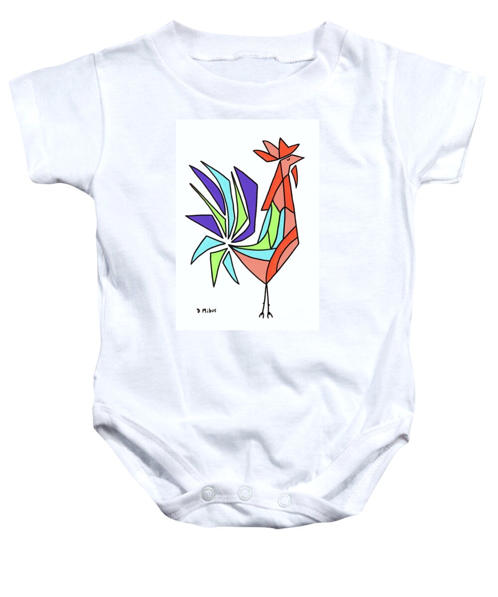 Mid Century Modern Rooster Baby Onesie featuring the painting Mid Century Rooster Stained Glass Effect by Donna Mibus