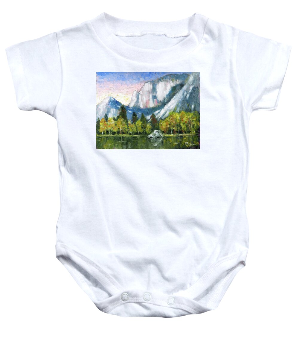 Landscape Baby Onesie featuring the painting Mirror Lake, Yosemite by Mike Bergen