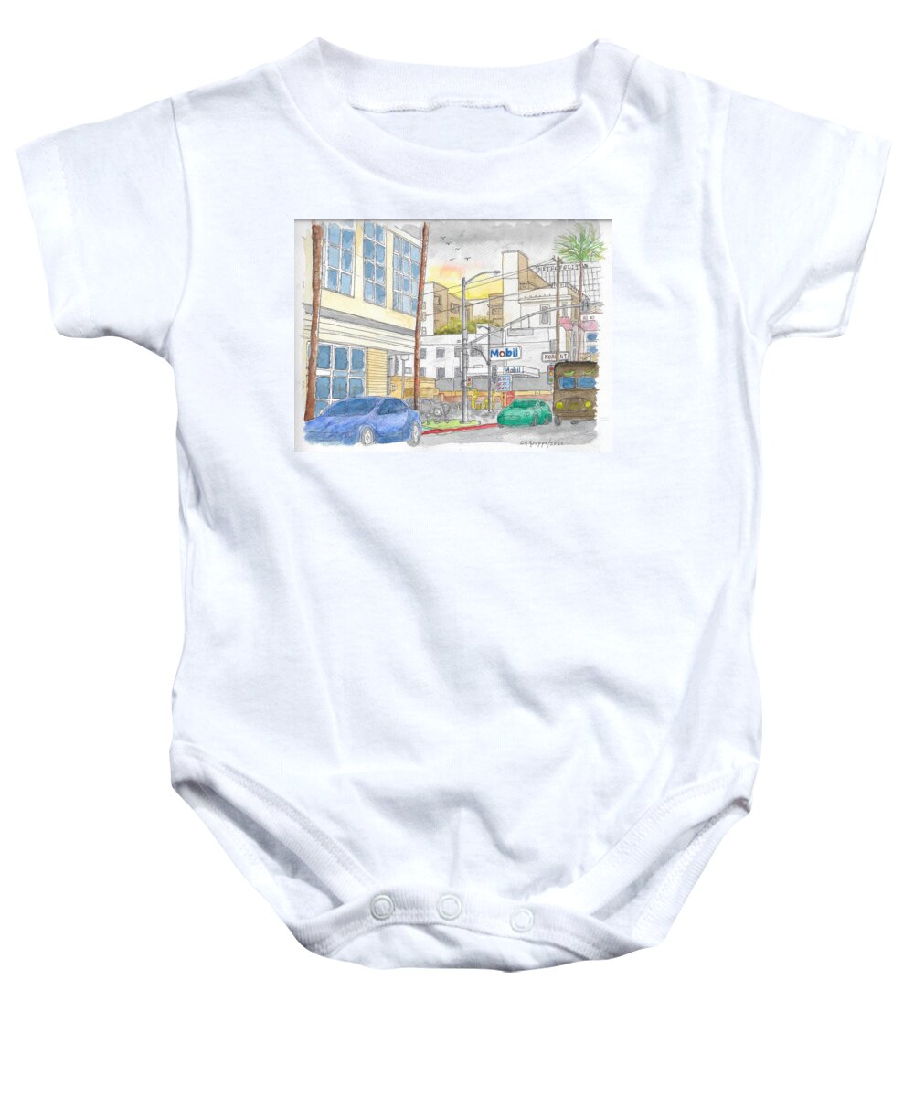 Mobil Gasoline Station Baby Onesie featuring the painting Mobil Gas Station, Sunset Blvd, Hollywood, California by Carlos G Groppa