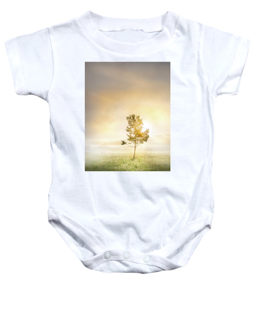 Tree Baby Onesie featuring the photograph Sunrise Tree In Mississippi Morning Fog by Jordan Hill