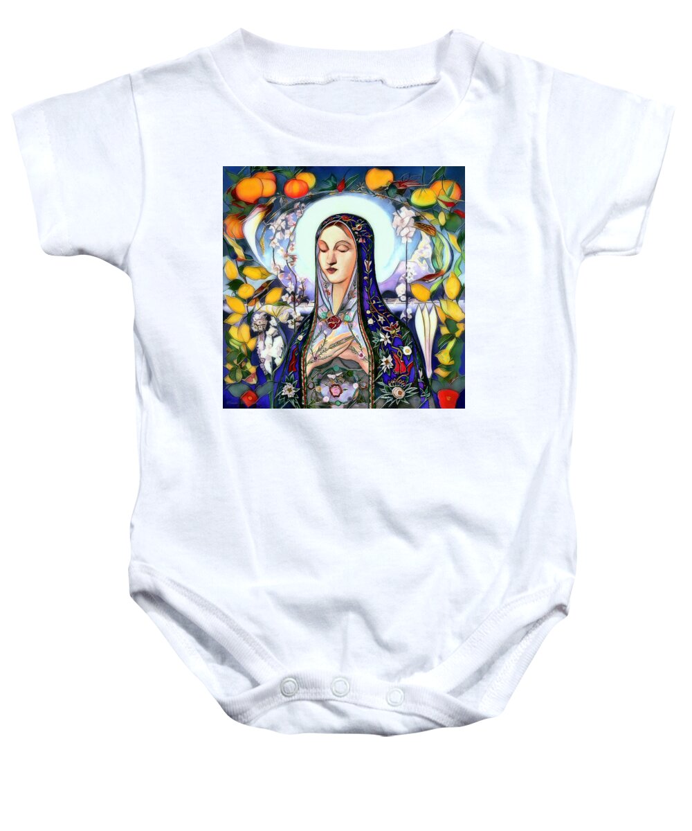 The Virgin Mary Baby Onesie featuring the digital art Mother Mary by Pennie McCracken