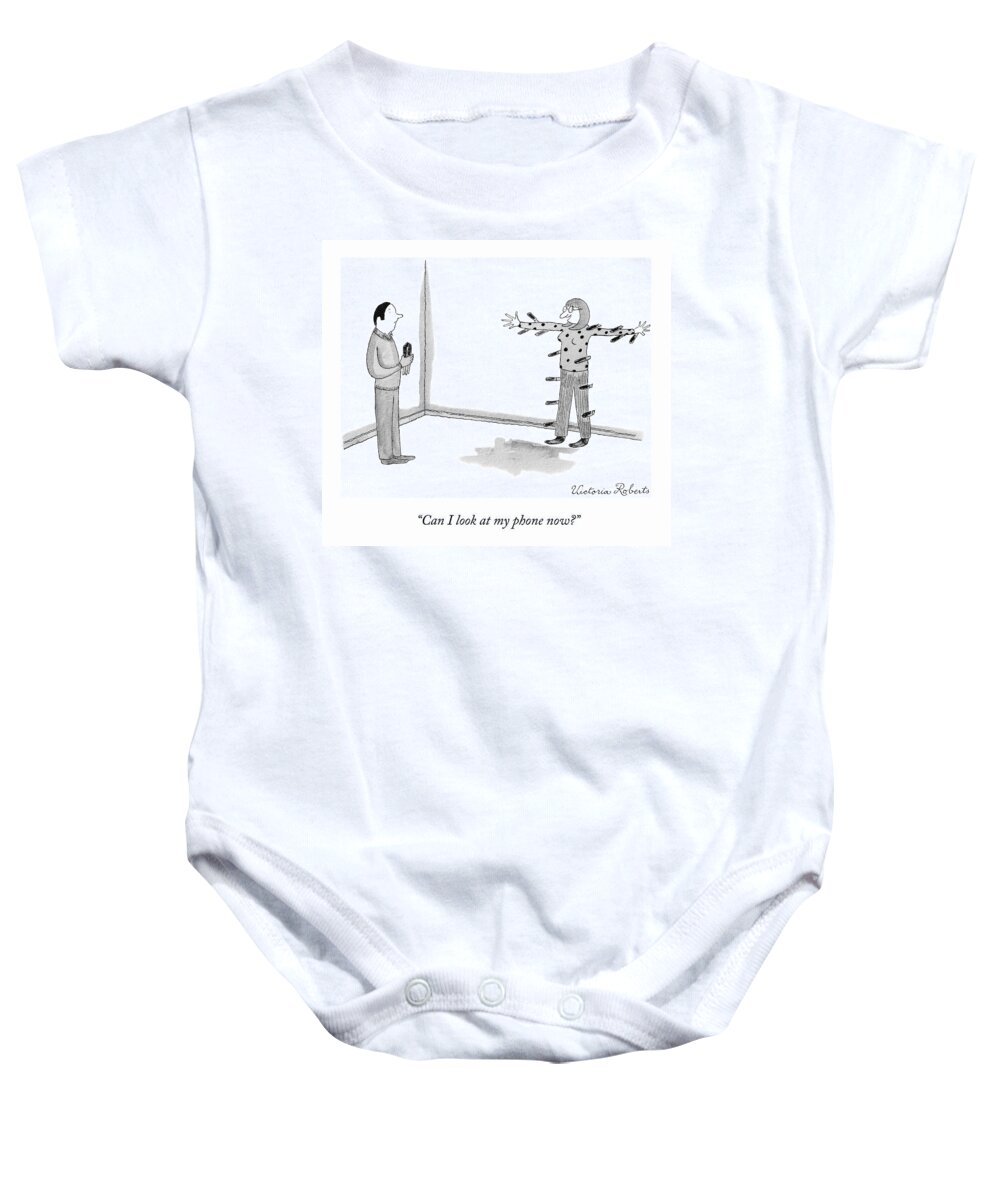 “can I Look At My Phone Now?” Knives Baby Onesie featuring the drawing My Phone by Victoria Roberts