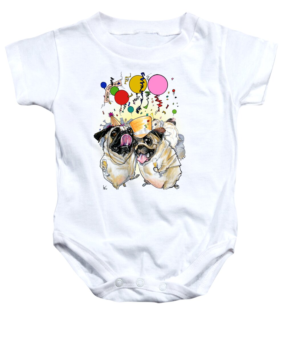 Pug Baby Onesie featuring the drawing New Years Pugs by Canine Caricatures By John LaFree