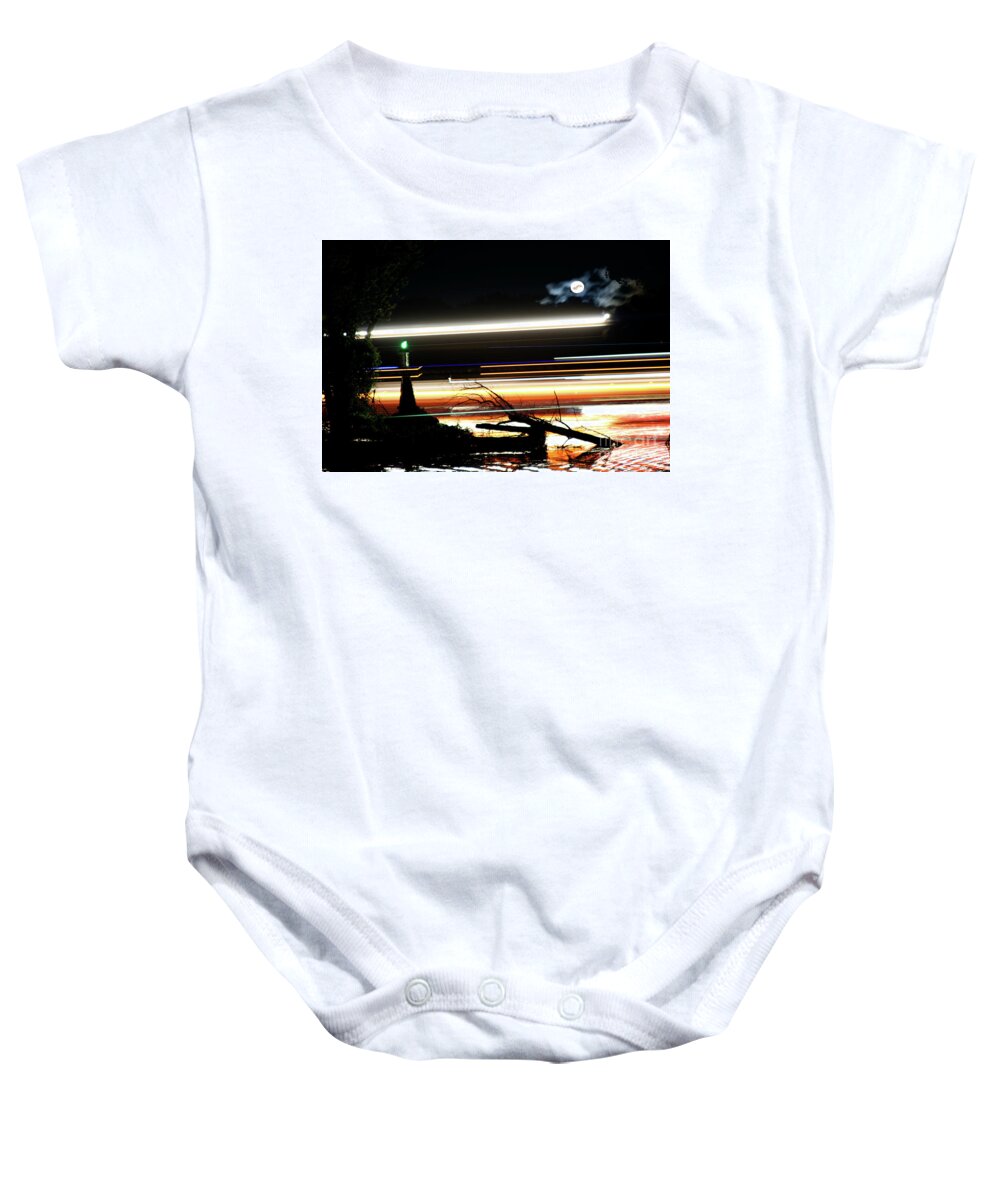 Night Baby Onesie featuring the photograph Night Barge and Moon by Pete Klinger