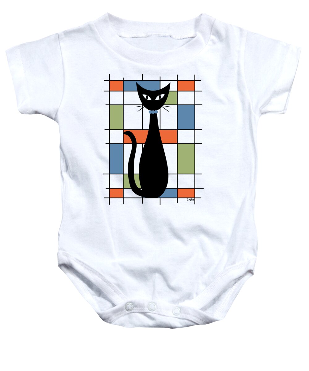 Abstract Black Cat Baby Onesie featuring the digital art No Background Mondrian Abstract Cat 1 by Donna Mibus