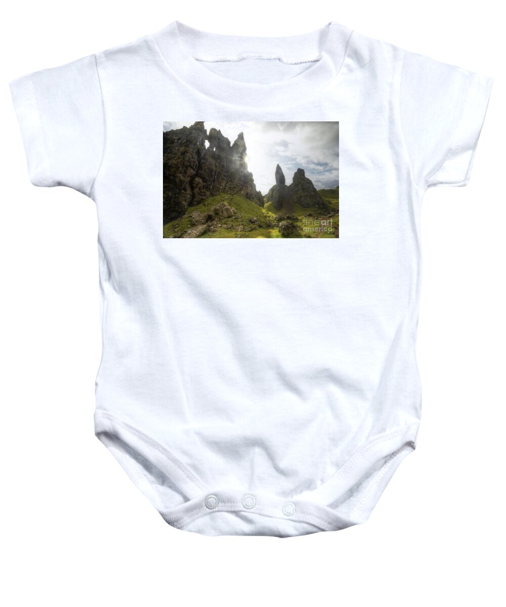 Landscape Baby Onesie featuring the photograph Old Man of Storr 2.0 by Yhun Suarez