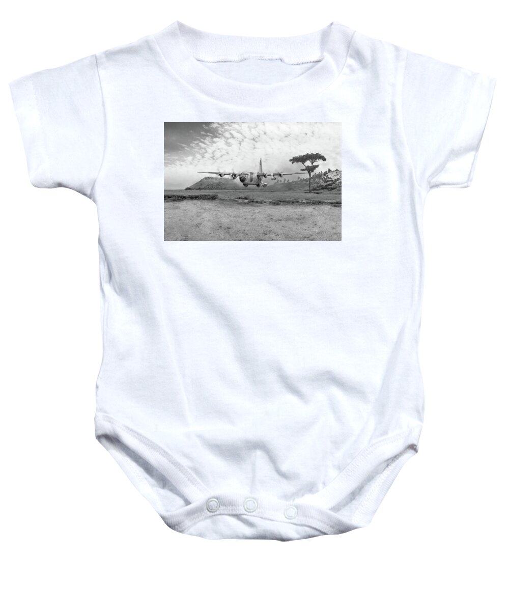 47 Air Despatch Squadron Baby Onesie featuring the photograph Operation Bushel the last air drop BW version by Gary Eason