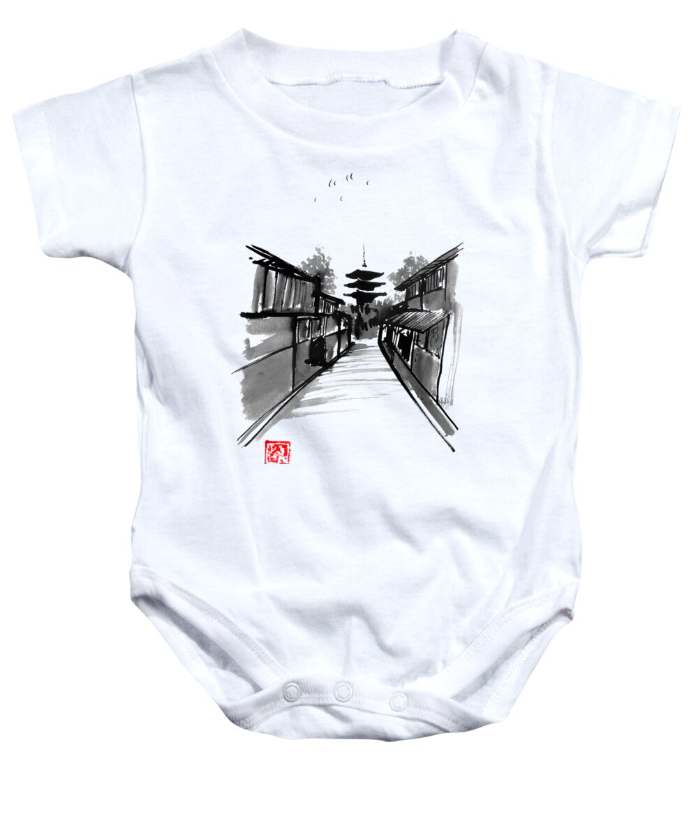 Pagoda Baby Onesie featuring the drawing Pagoda by Pechane Sumie