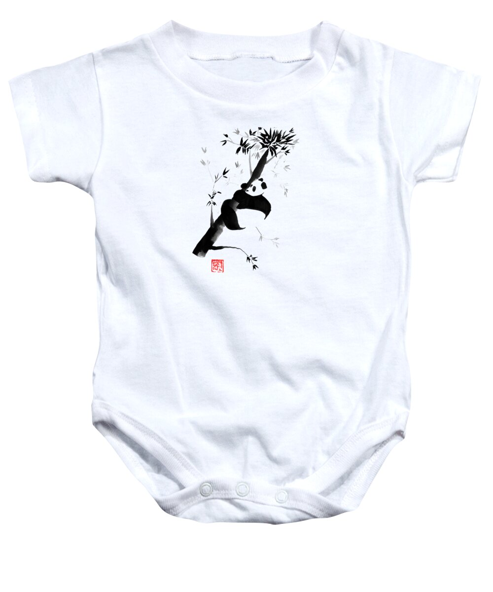  Sumie Baby Onesie featuring the drawing Panda In His Tree 06 by Pechane Sumie