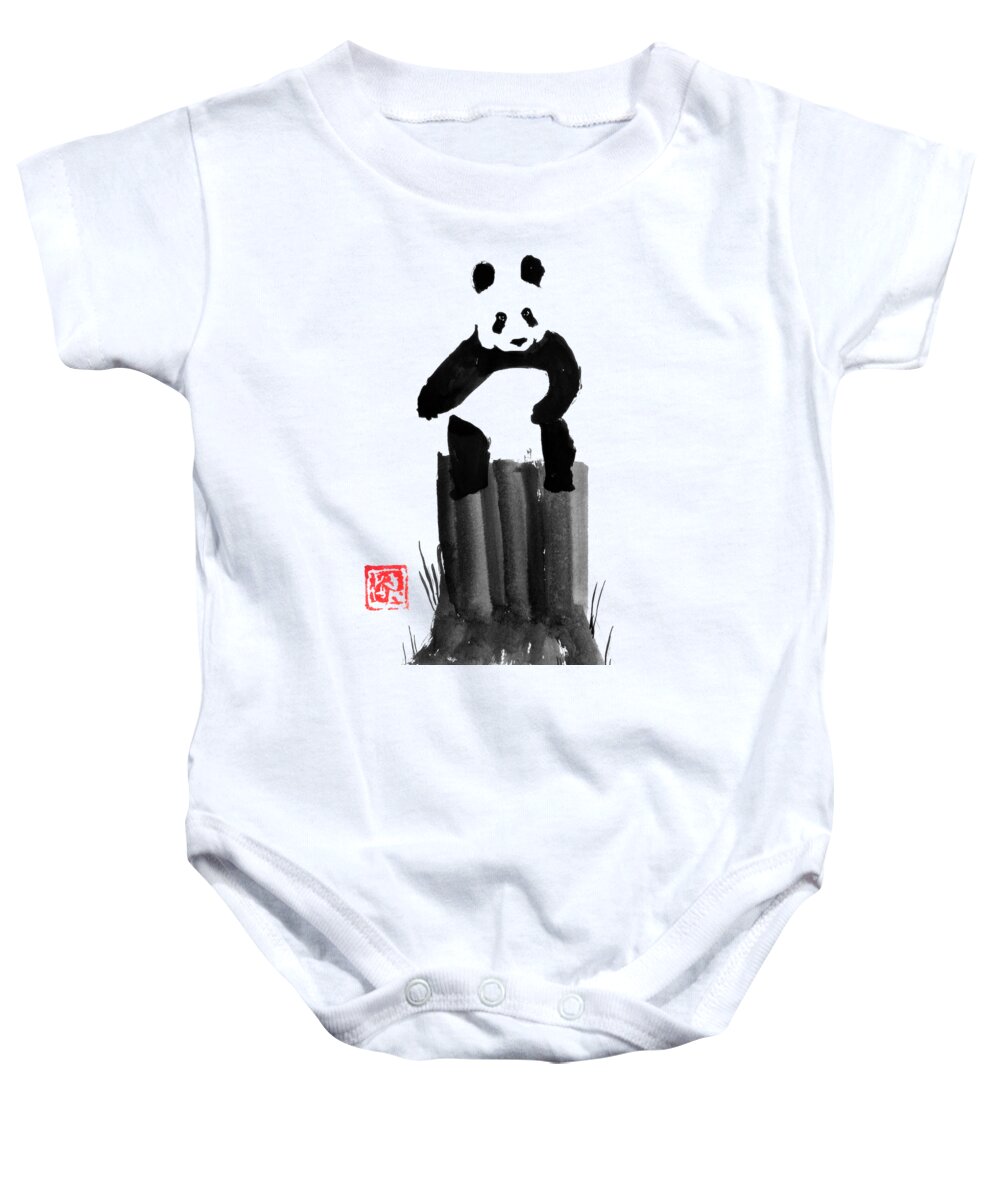 Panda Baby Onesie featuring the drawing Panda On His Tree by Pechane Sumie