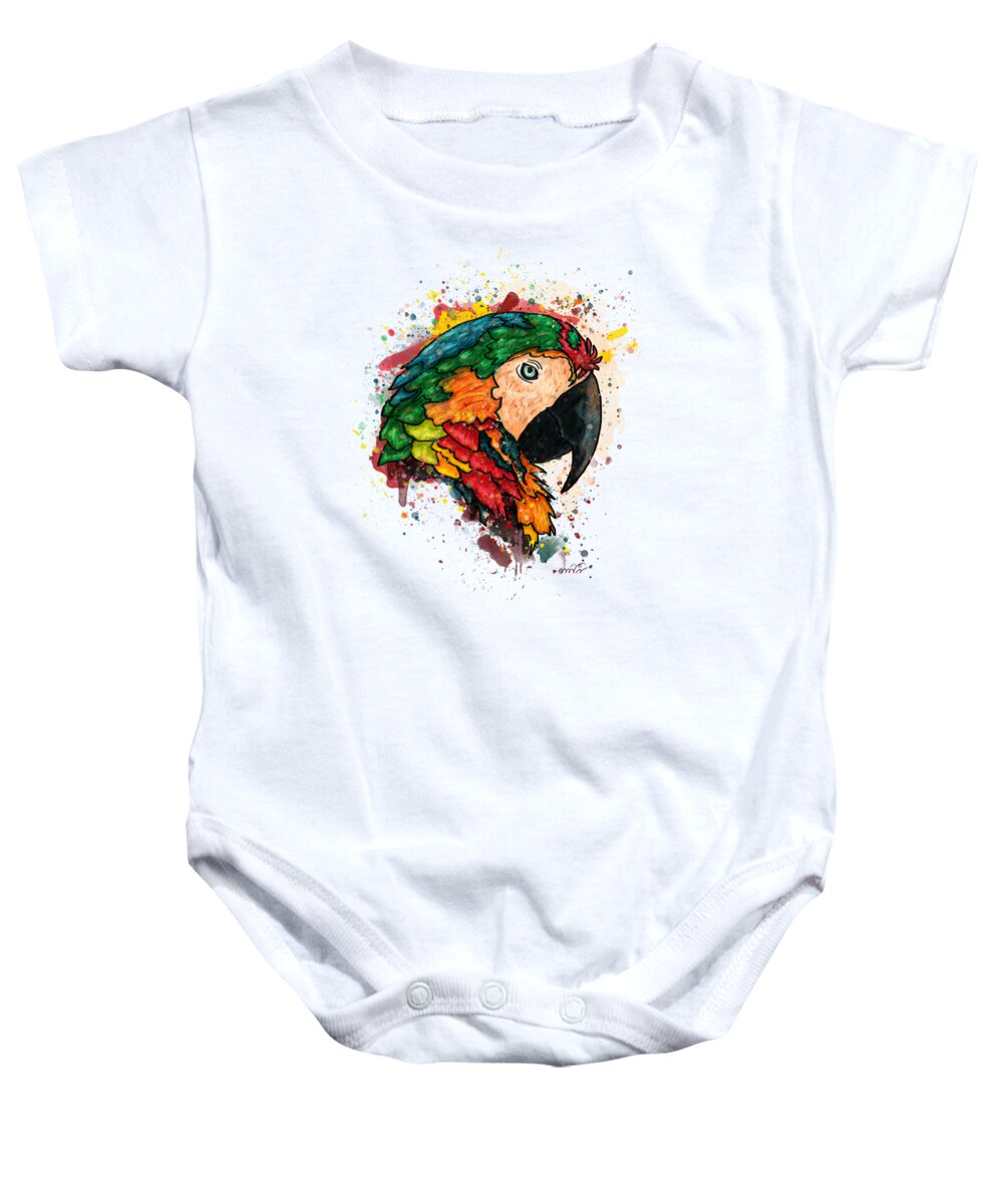 Parrot Baby Onesie featuring the painting Parrot portrait painting on white background, Macaw parrot by Nadia CHEVREL