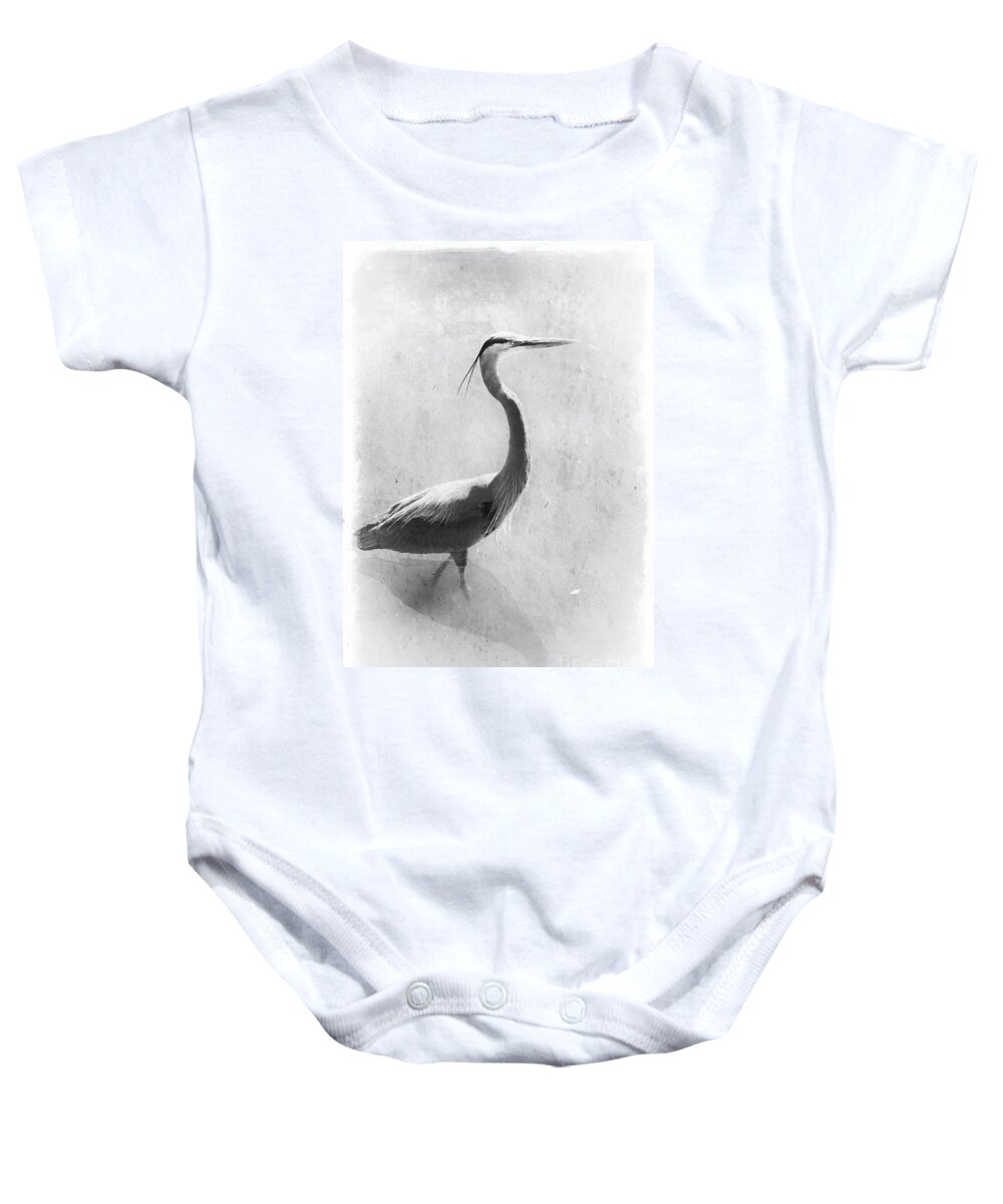 Great Blue Heron In Black And White Baby Onesie featuring the photograph Peaceful Heron in Black and White by Carol Groenen