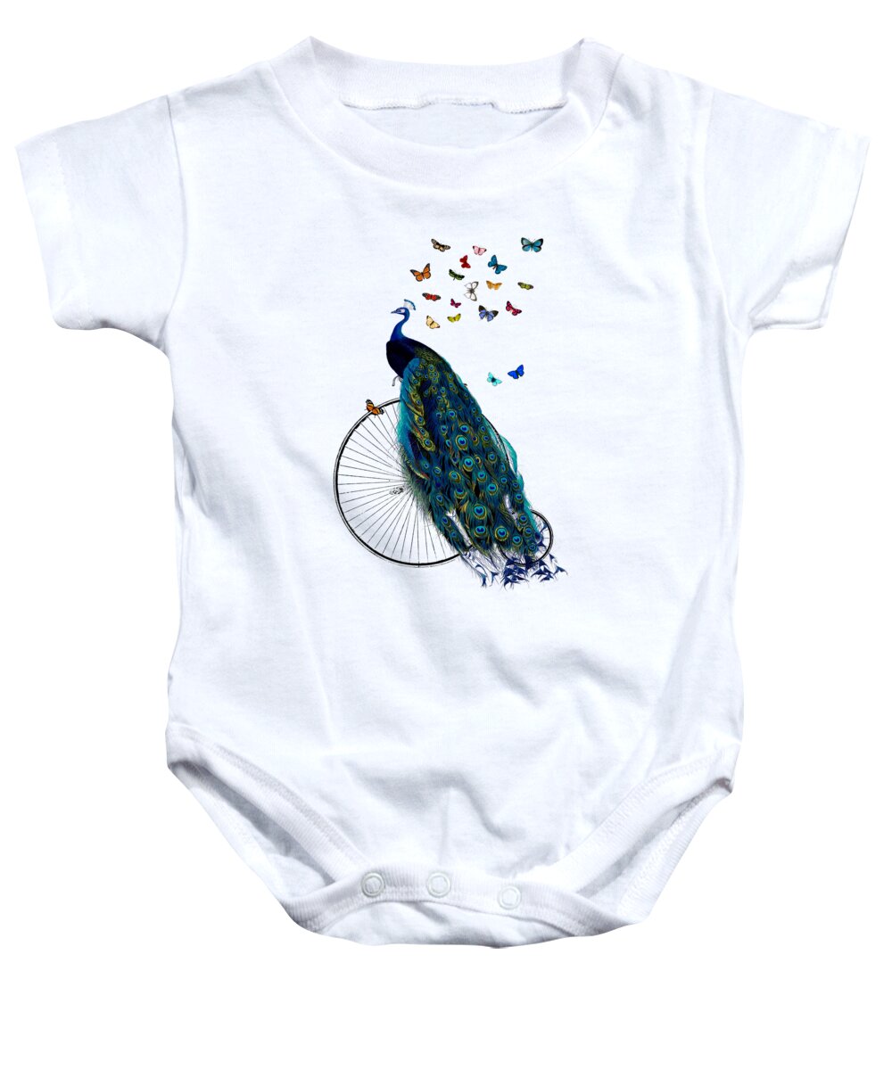Peacock Baby Onesie featuring the digital art Peacock On A Bicycle With Butterflies by Madame Memento