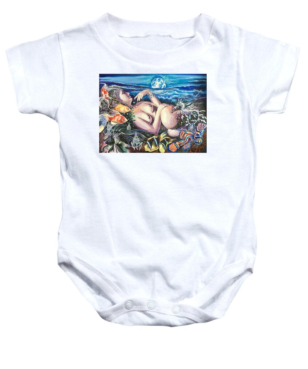 Moon Baby Onesie featuring the painting PEARL and SEA DRAGON by Yelena Tylkina