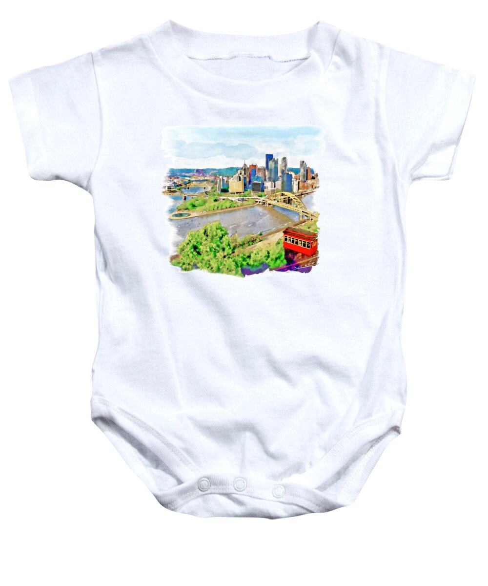 Marian Voicu Baby Onesie featuring the painting Pittsburgh Aerial View by Marian Voicu