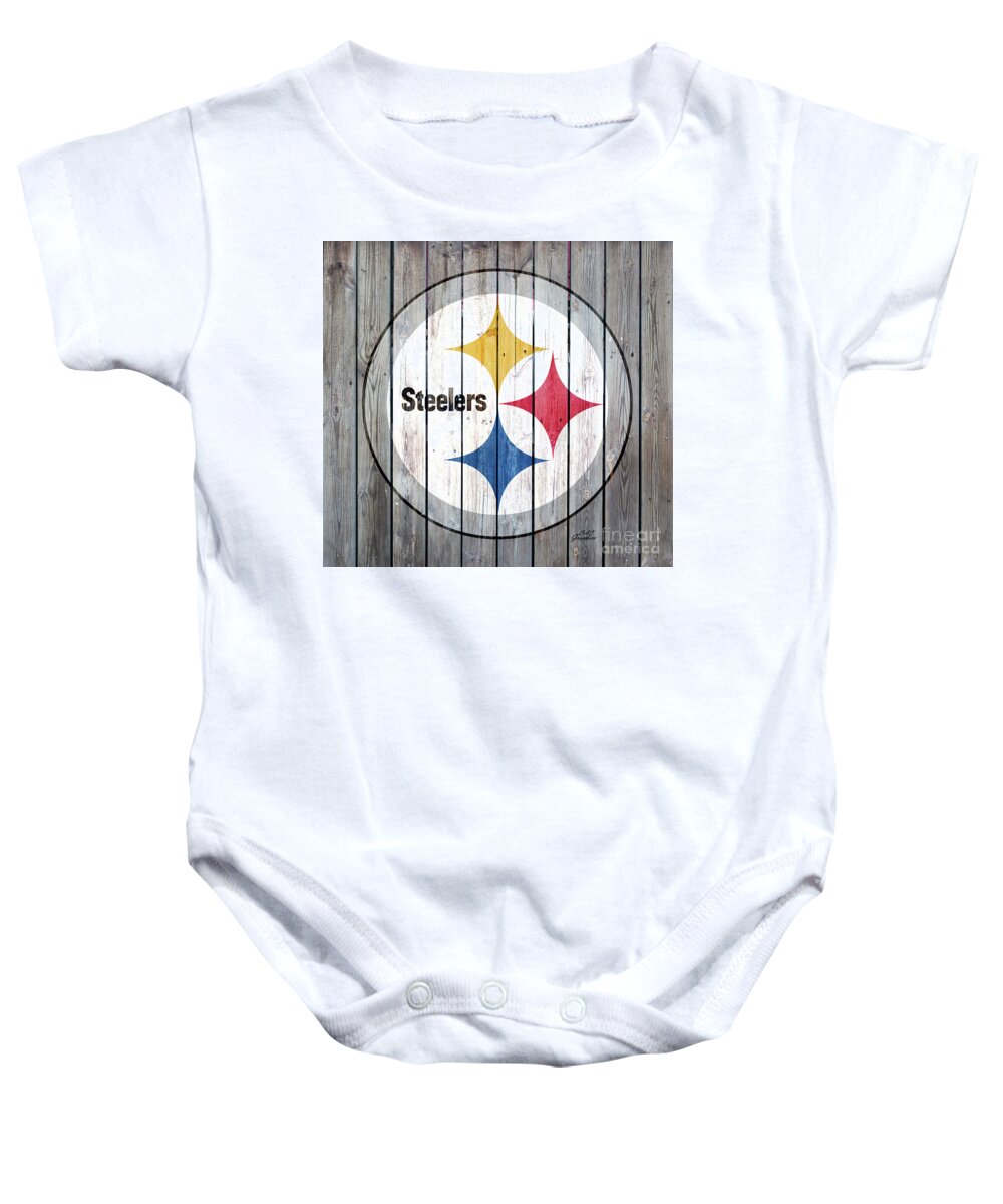 Pittsburgh Steelers Baby Onesie featuring the digital art Pittsburgh Steelers Wood Art by CAC Graphics